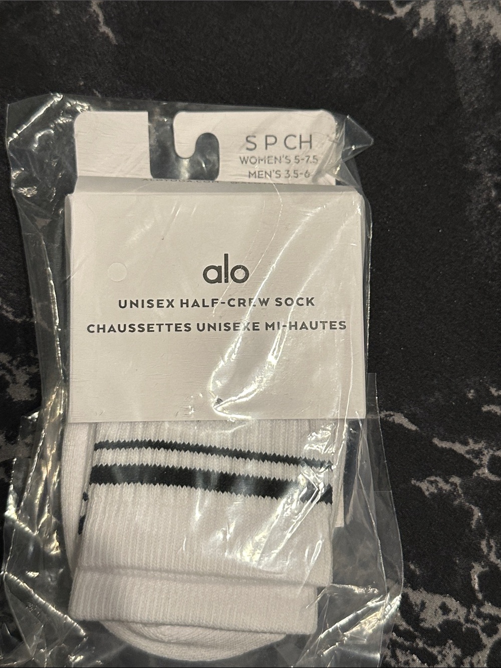 ALO Yoga White Half-Crew Athletic Socks with Black Stripes